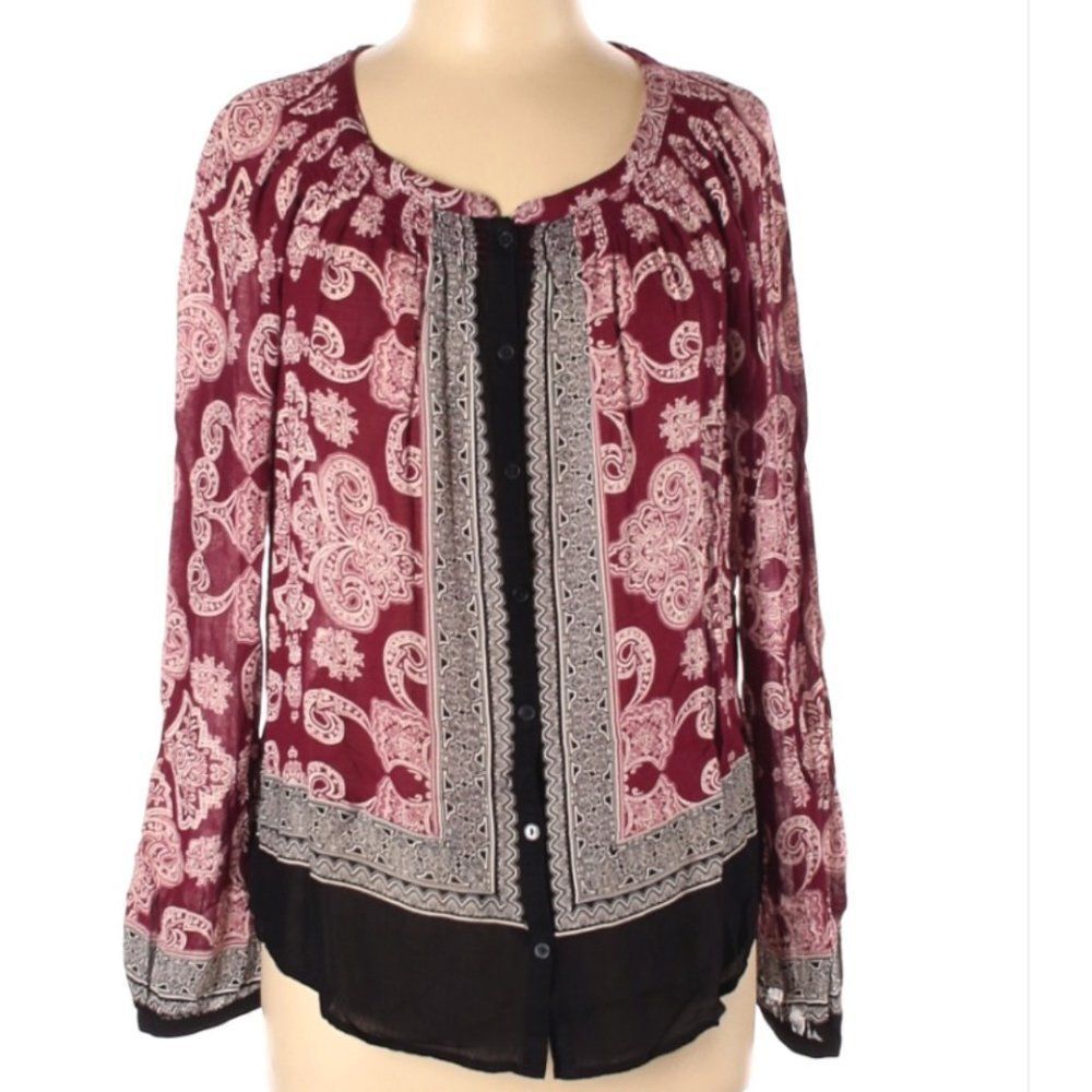 Lucky Brand Button Front Burgundy and Black Blouse Size Medium
